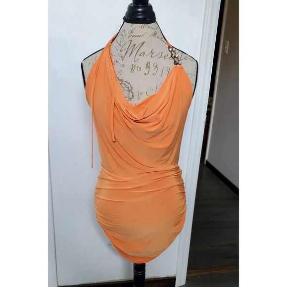 VINTAGE Y2K FANY D USA M Orange Bodycon Halter Going Out Mini Dress Ruched Club - Picture 1 of 6